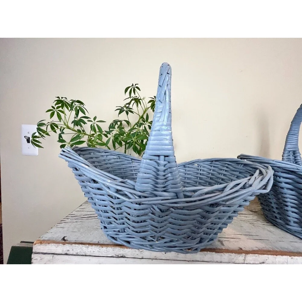 Vintage Primitive Grey Blue Rustic Buttocks Baskets (Set Of 2) Farmhouse Decor